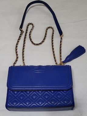 Tory Burch Royal Blue Quilted Crossbody with Gold Chain and Tassel